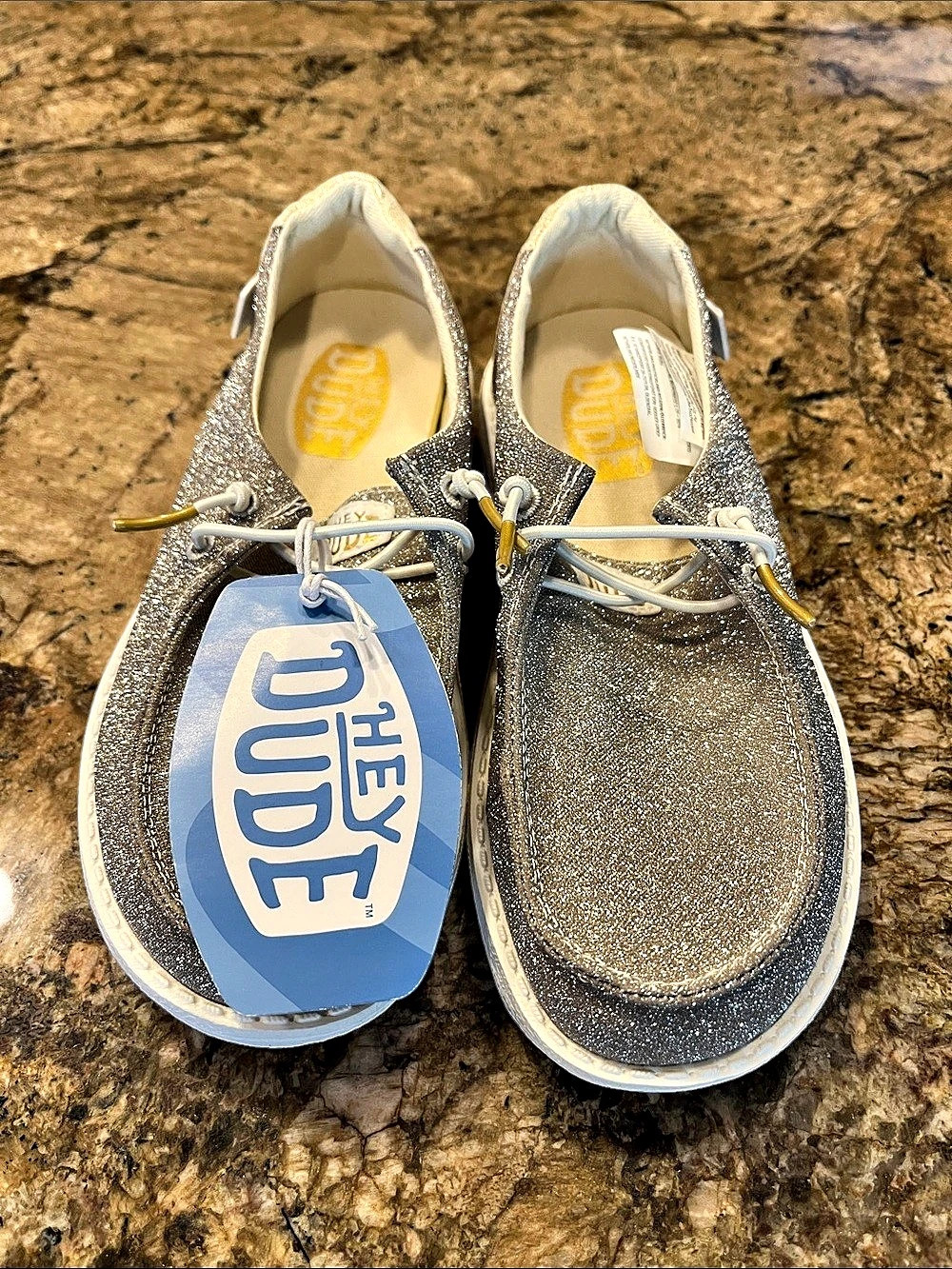 Hey Dude Wendy Metallic Sparkle Casual Gray & White Sneakers NWT